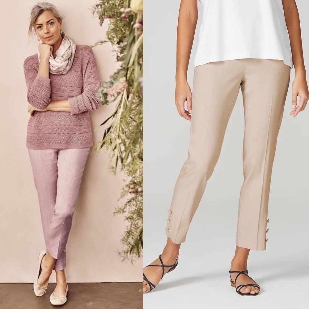 J. Jill Sand Beige Linen-Stretch Button-Hem Ankle Pants